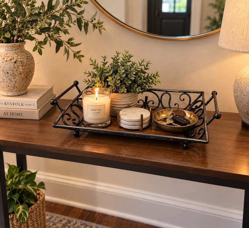 Beautiful Scroll Metal and Wood Tray Decorative Home Decor